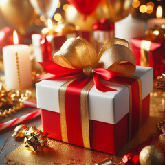 Christmas gift box with golden ribbon and bow on bokeh background