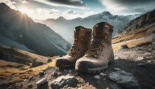 Close-up Shot Of Leather Hiking Boots. On A Rocky Mountain Trail, Showcasing The Rugged Terrain In Background. Generative AI