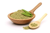 Fototapeta Lawenda - fresh tea leaf and green tea powder in wooden scoop isolated on white background
