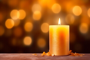 Festive candle on the table with bokeh lights on background. Merry Christmas, happy New Year concept. 