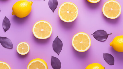 Wall Mural - Shapes of fresh delicious healthy lemon citrus fruits or whole fruits isolated on pastell purple background 