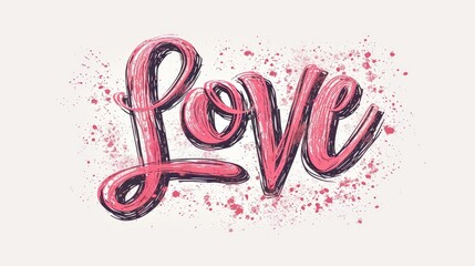 Love word hand drawn lettering. Salmon colour painting Love where v is a heart shape and word you is in the heart. Text design for banner. Salmon colour text on white background.