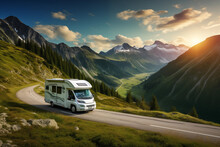 Campervan On The Road With Beautiful Nature Landscape. Motorhome Camper Van RV Road Trip