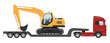 Low-bed semi-trailer truck carrying an excavator. Isolated vector illustration with simple colors without gradients and effects. Construction vehicle concept, view from the side.