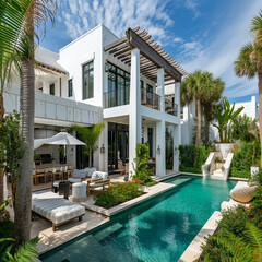 A beautiful and award-winning two story all, white stucco home like in Alys Beach in Florida decorated for Christmas and with a flat roof and large windows