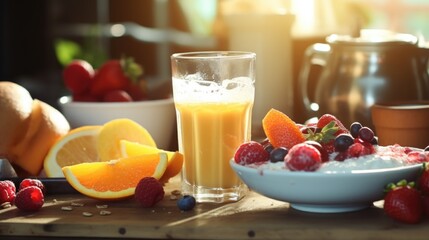 Poster - A table setting with a bowl of fresh, colorful fruit and a refreshing glass of orange juice. Perfect for a healthy breakfast or brunch