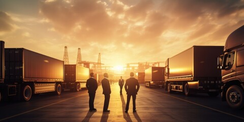 Wall Mural - A group of men standing next to trucks. This image can be used to depict teamwork, logistics, transportation, or construction