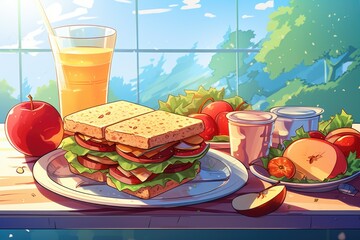 Poster - A picture of a sandwich on a plate next to a glass of orange juice. Perfect for food and beverage related projects