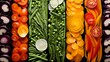 A striking composition of vibrant vegetable crudit?(C)s, arranged in an abstract pattern, showcasing their natural beauty.