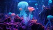 A group of jellyfish gracefully swimming in an aquarium. Perfect for adding a touch of tranquility and beauty to any aquatic-themed project