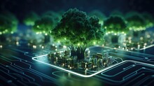 A Tree Standing Tall On Top Of A Circuit Board. Perfect For Illustrating The Connection Between Nature And Technology