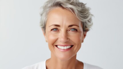 Wall Mural - A woman with gray hair smiling at the camera. Suitable for various uses