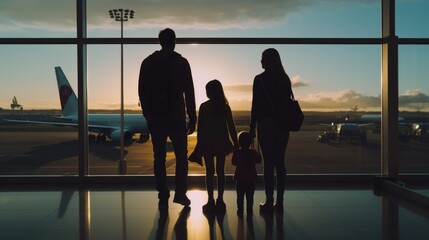 Wall Mural - A family standing together in front of a window at an airport. Suitable for travel and family-related projects