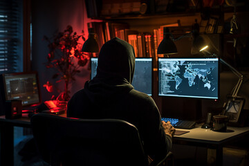 Generative AI portrait hacker in dark room secret organization community specialists