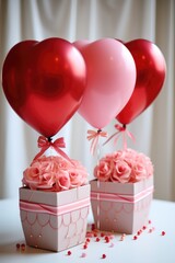 Wall Mural - A couple of cupcakes with pink frosting and red balloons. Valentine's day desserts.