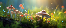 Mushrooms Growing In A Forest With Magical Lighting