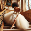 A young debutante putting on her shoes on the stairs of a castle