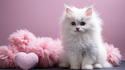 Wall Mural - A white cat sitting next to a pink teddy bear. St Valentine's day greeting card design.