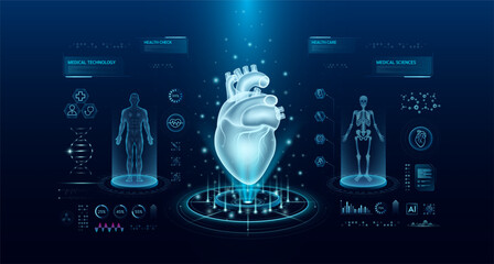 Heart health care technology with scan virtual interface hologram style. X ray and MRT human body examination. Medical diagnostic with HUD, UI, GUI. Analysis in futuristic laboratory. Vector EPS10.