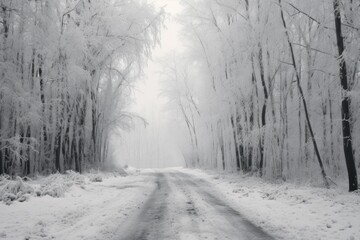 Poster - A snowy road cutting through a serene forest. Perfect for winter-themed projects and nature landscapes