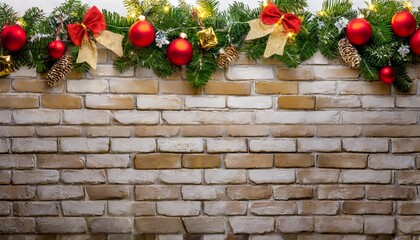 Wall Mural - red christmas or new year background, christmas object, balls and a brick wall in the back with space for you text and logo