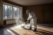 Worker in protective suit and respirator spraying insecticide on wooden floo