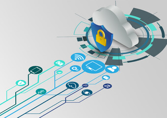 Leinwandbilder - Database server cloud network isometric background. Data security modern concept. A transparent shield of the Cloud database from virus attacks and hackers. vector illustration.