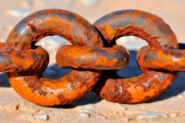 Close up of a heavily rusted chain link
