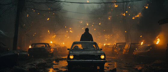 Canvas Print - Man driving vehicle in war-torn city