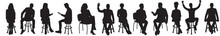 Vector Set Of Business People Sitting Silhouettes Isolated On Transparent Background. Businessman And Businesswomen Sitting On Stool And Chair Chatting  Working And Talking. 