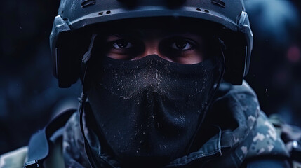 The image of a soldier in the war zone, with a sharp look and concentration