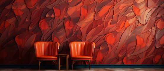 Wall Mural - Red-orange armchairs against a leaf-like textured wall
