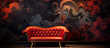 Red leather sofa against a marbled black and red wall