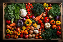 An Overhead View Of Colorful Freshly Harvested Vegetables In A Rustic Crate