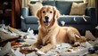 The dog tore the furniture of the house. Dog, Golden Retriever alone at home without people.
