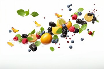 Wall Mural - different fruits flying isolated on white background