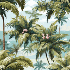  Seamless pattern with palm trees and sea. Vector illustration