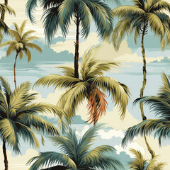 Seamless pattern with palm trees and sea. Vector illustration