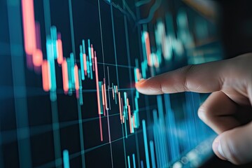 Finger points to a financial chart showing a price increase in the stock market. Concept of trading, business, investment. Financial literacy is the key to constant income growth.