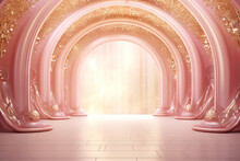 Abstract Background With Pink Balloons And Arch. 3D Rendering. 3D Illustration