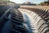 Fototapeta  - Hydroelectric power station. Water flowing from the dam into the river