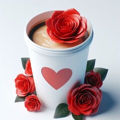 Wall Mural - Paper cup of coffee with red heart, with red roses, 3d illustration, render, in cute style, in cartoon style, high quality, on white background. Advertising coffee for Valentine’s Day.