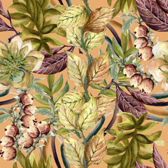  Flower botanical seamless repeat pattern. Garden greenery and foliage leaves