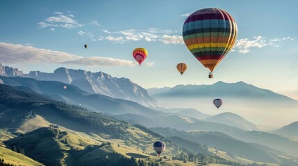 Wall Mural - Colorful hot air balloons flying over a mountain landscape