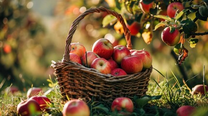 Wall Mural - Freshly harvested apples in a rustic basket on a farm