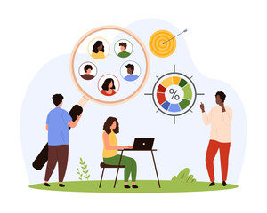 Focus group research. Analysis of audience segments and consumer behavior by tiny people with magnifying glass and target, characters of marketing team engage customers cartoon vector illustration