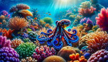 Blue Ringed Octopus On Coral Reef Illustration
