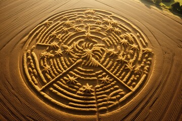 Wall Mural - Aerial view of a wheat field with arable land and maze, AI Generated