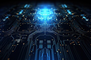 Poster - Circuit board background. Technology concept. 3d rendering toned image, Abstract gold wave on black background. Vector illustration for your design, AI Generated