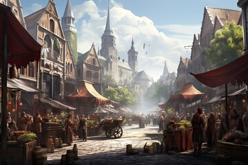 Canvas Print - Fairytale medieval fair in the old town of Heidelberg, AI Generated